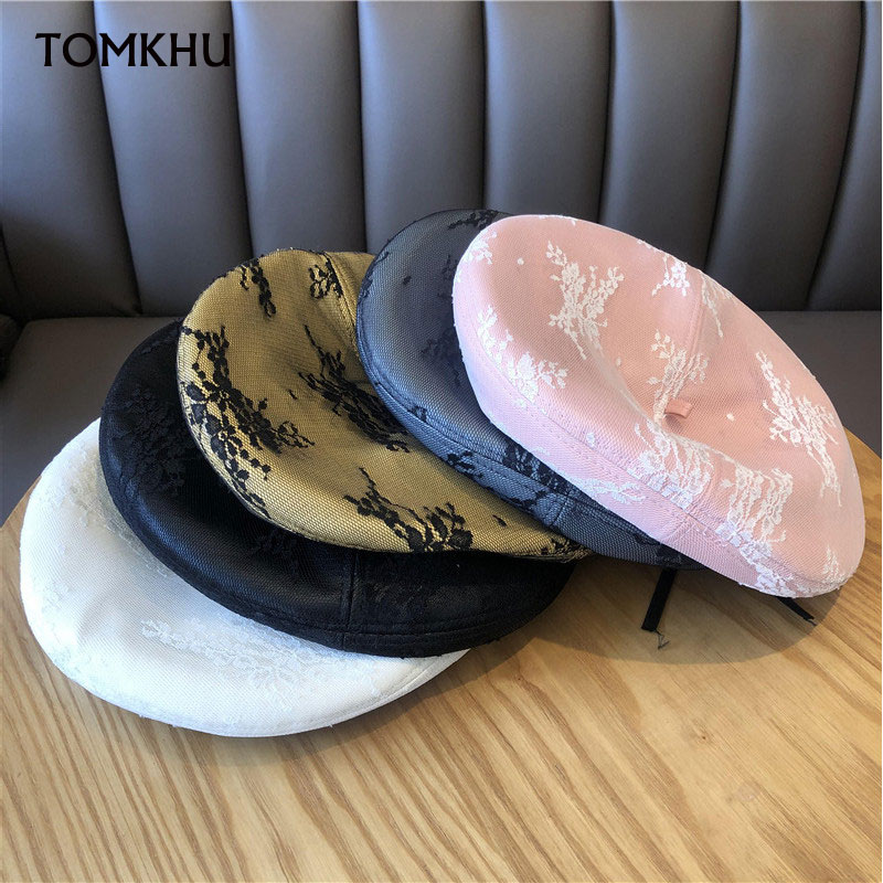 

PU Leather Beret Hat For Women Lace Flower Yarn Beret Femme Painter Pumpkin Cap Women Hats Flat Cap Boina Francesa Autumn Winter, Black