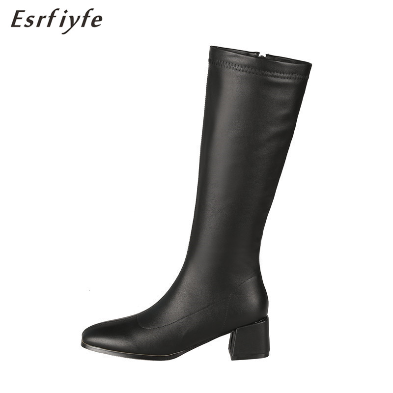 

ESRFIYFE 2020 New Fashion Autumn Winter Women Knee High Boots Thick Heel Square Toe Shoes Woman Solid Short Plush Party Boots, Beige