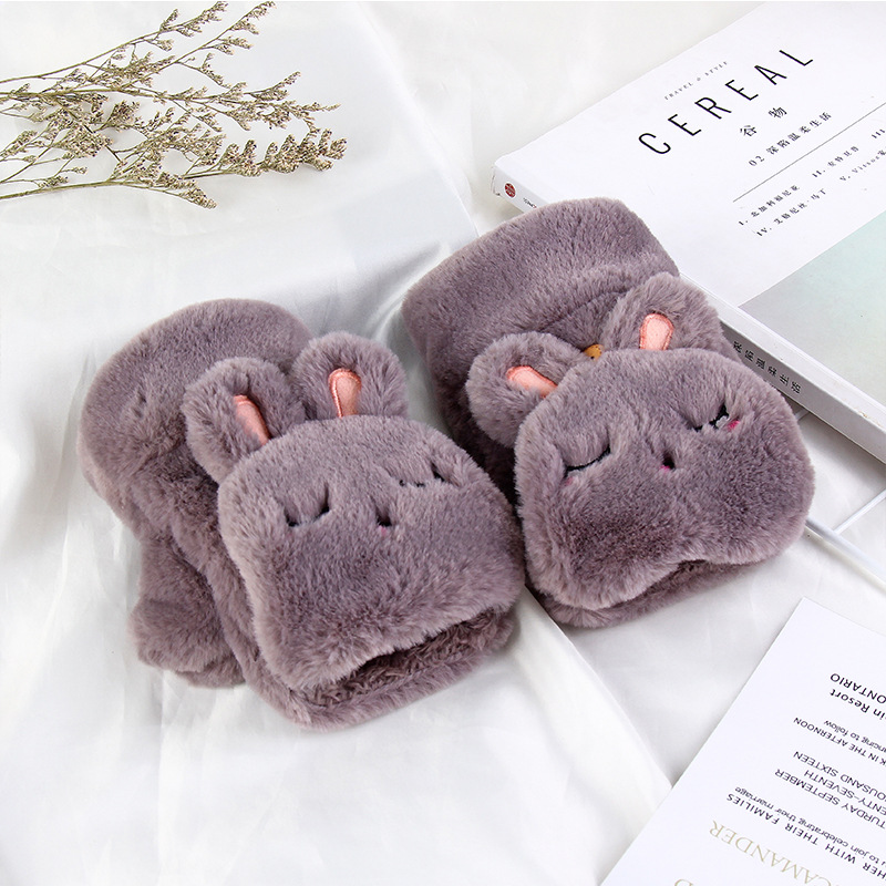 

Winter warm lovely cartoon half finger student flip gloves thickened plush