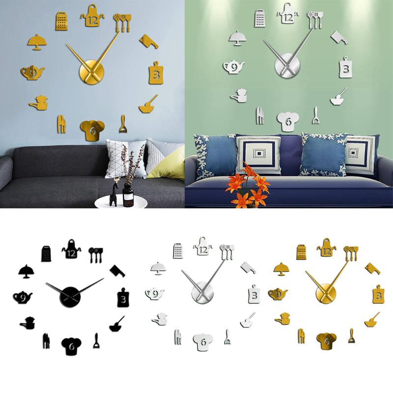 

Modern 3D DIY Large Wall Clock Acrylic Mirror Sticker Watch - Delicate Kitchen Dinnerware Elements Pattern