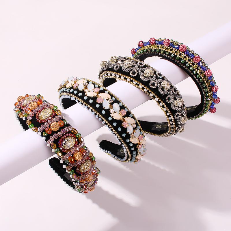 

Vintage Crystal Hairbands Women Colorful Bead Headbands Handmade Wide Hair Bands Ladies High Quality Hair Accessories Ornament
