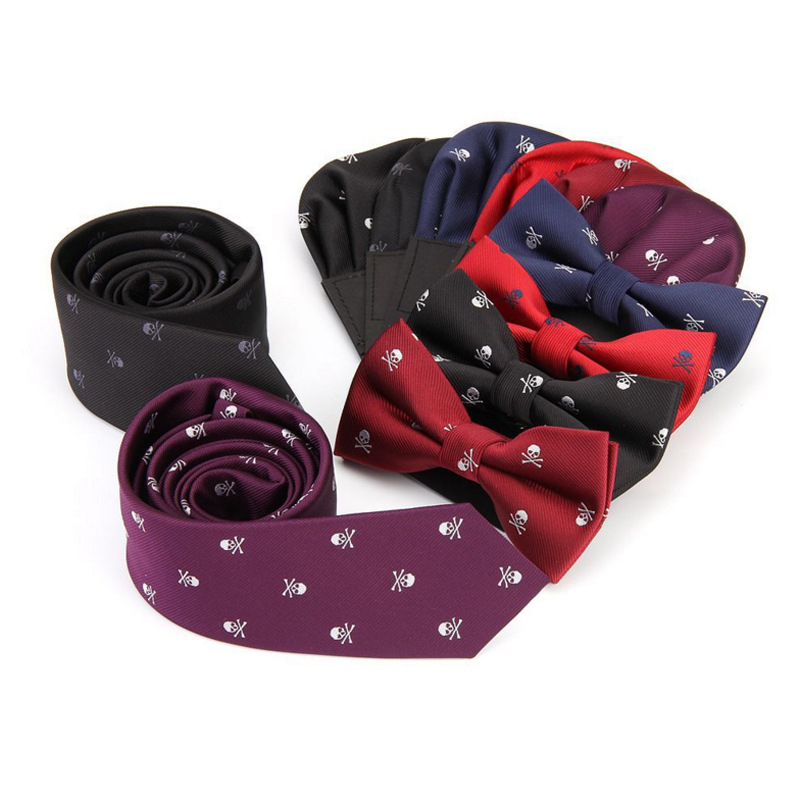 

Fashion 6cm Desinger Skull Tie Sets for Men 100% Silk Narrow Necktie Paper Hanky Bowtie Set Halloween Costume
