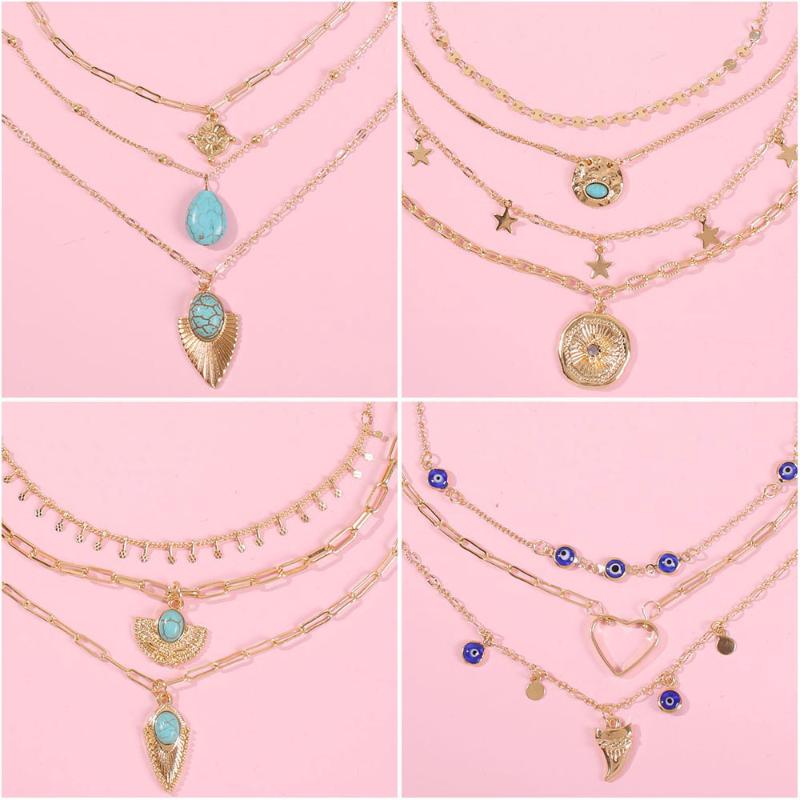 

Gold color bohemian multi-layered collar statement Chain Coin Star Pendant necklace natural stone jewelry gift for women Girls