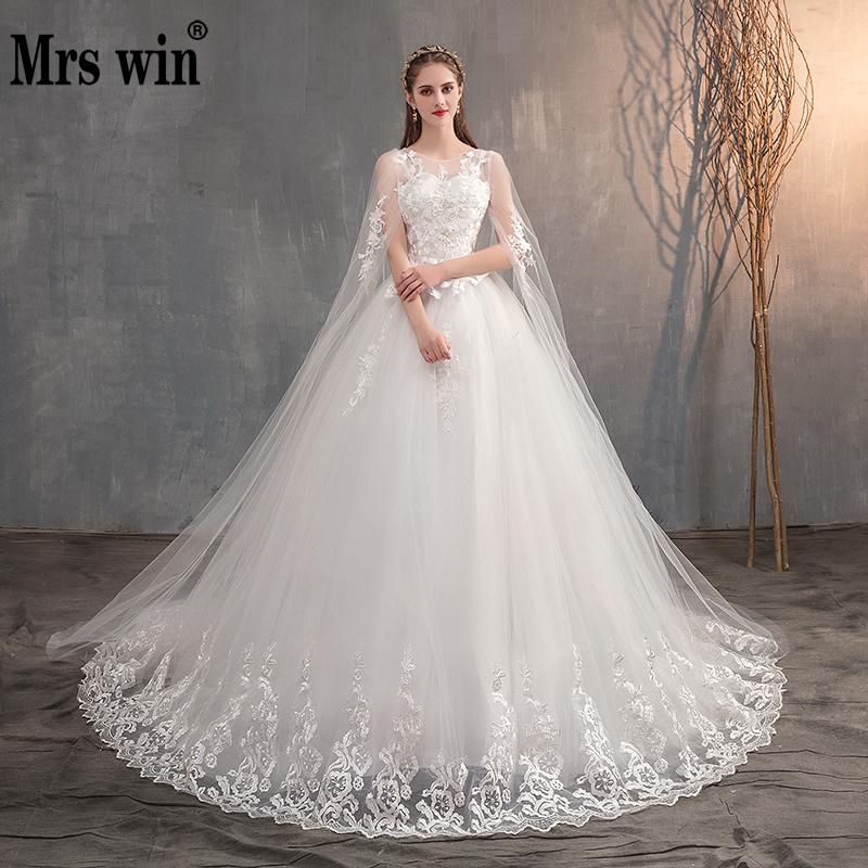 

Mrs Win 2020 Chinese Wedding Dress With Long Cap Lace Wedding Gown With Long Train Embroidery Princess Plus Szie Bridal Dress, Off white with train