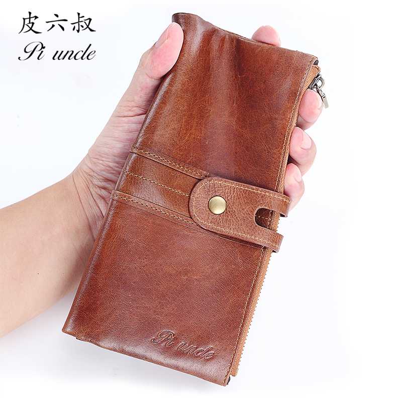 

New Cowhide Men Clutch Wallets Genuine Leather Long Purses Large Wallet Double Zipper Phone Bag For Male Thin Walet Soft Leather, Brown