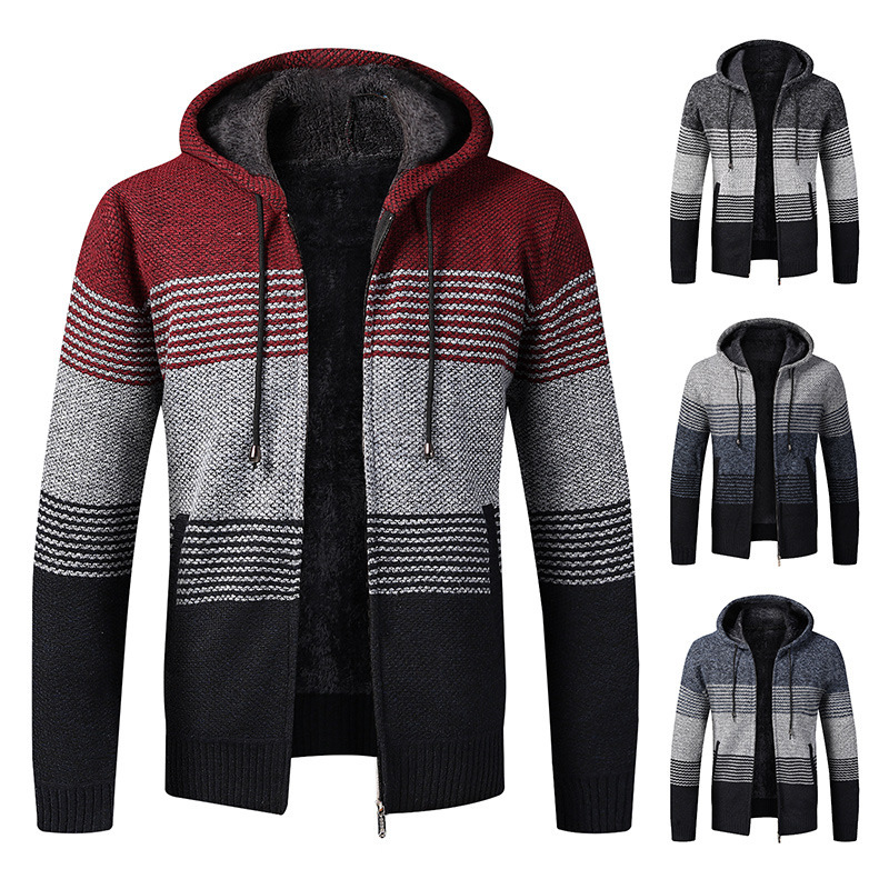 

Sweater Men's Fashion Men's Sweater Coat Spring Autumn Mens Hooded Stripe Coat Thick Zipper Wool Cardigan Jumpers Male