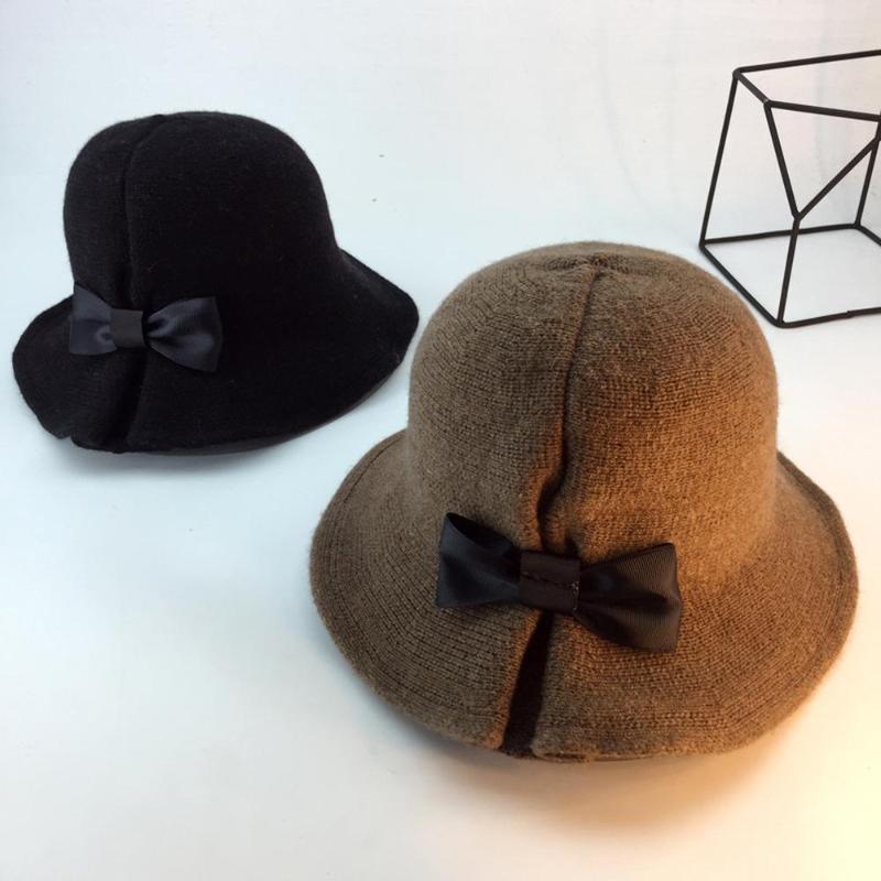 

Female top hat winter and autumn knit collapsible wool blend retro keep warm bowknot women bucket hat caps new fashion, Black