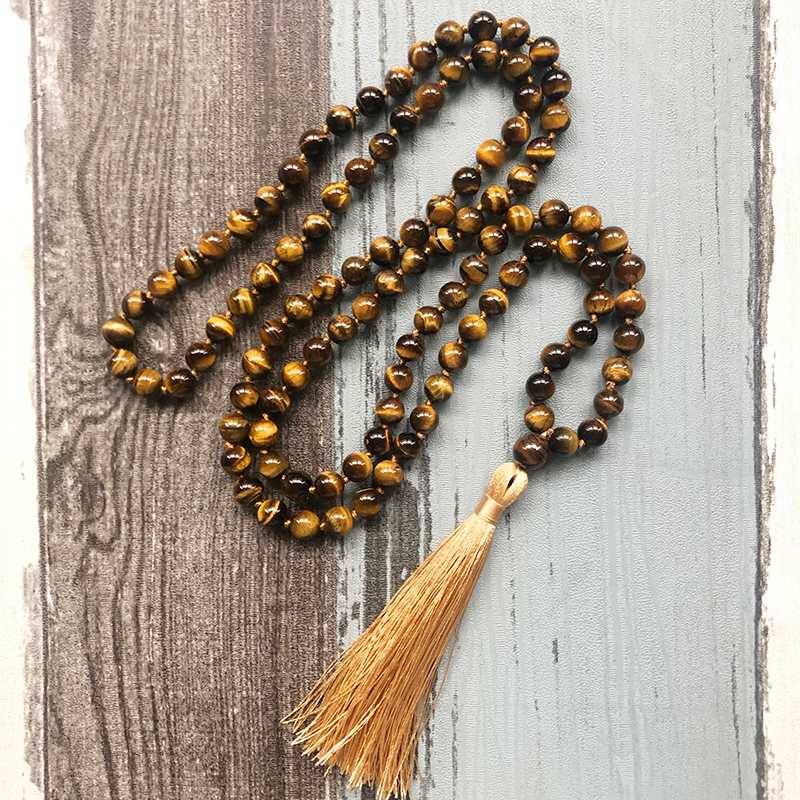 

108 Natural Stone Knotted Necklace Meditation Stone Prayer Beads Long Necklaces Men 8MM Tiger's Eye Knotted Tassl Necklace