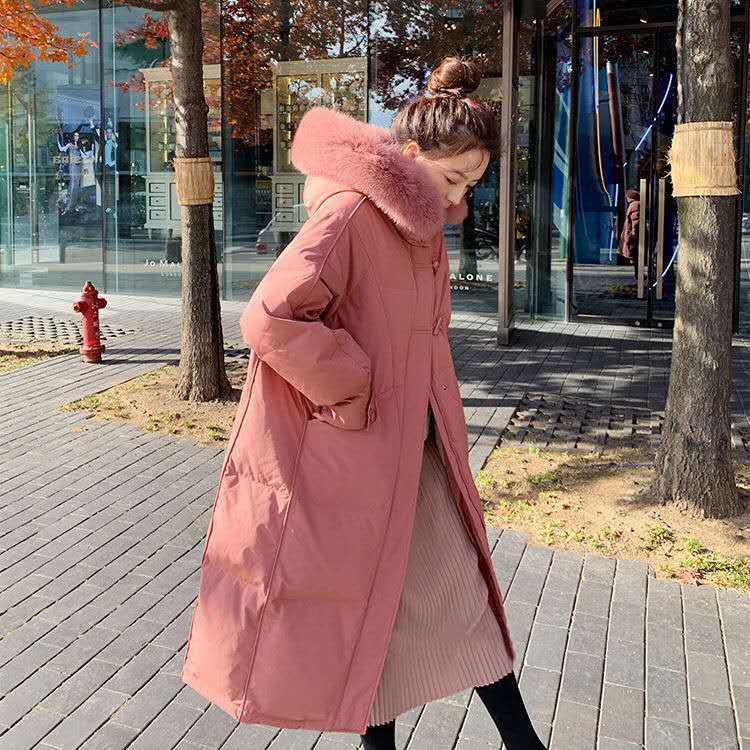 

2020 New Winter Women Korean Big Natural Fur Collar Duck Down Jacket Female Thick Coat Hooded Horn Button Long Parkas S124, Black