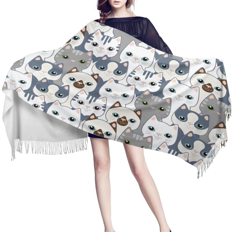 

Scarves Winter Cashmere Scarf Women Soft Warm Cat Kitten Lovely Blue White Round Gray Female Shawls With Tassel, Blue;gray