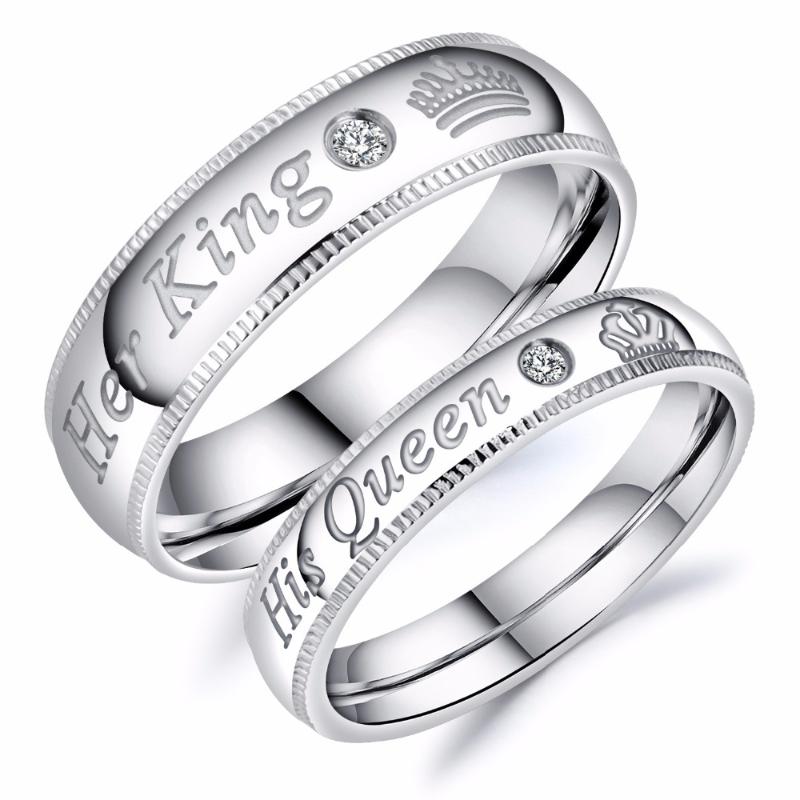 

Valentines day gift Crystal Couple Ring her King his Queen lettering Ring wedding round rings Silver Color Jewelry women & men