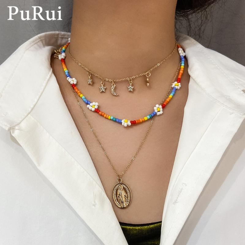 

Bohemian Cute Star Moon Tassel Necklace for Women 3Pcs Layered Shell Pedant Necklace Handmade Rice Beads Choker