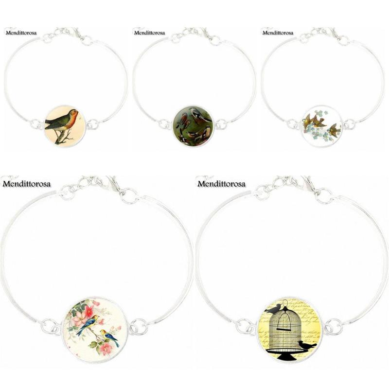 

EJ Glaze For Girls Best Gift Jewelry Silver Color Chain Glass Cabochon Bracelet Bangle Birds Free To