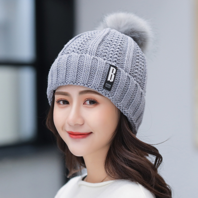 

Hot Sale Female Winter Knitted Hats Add Fur Lined Warm Winter Hats For Women B Letter Keep Warm Pompoms Cap, Black