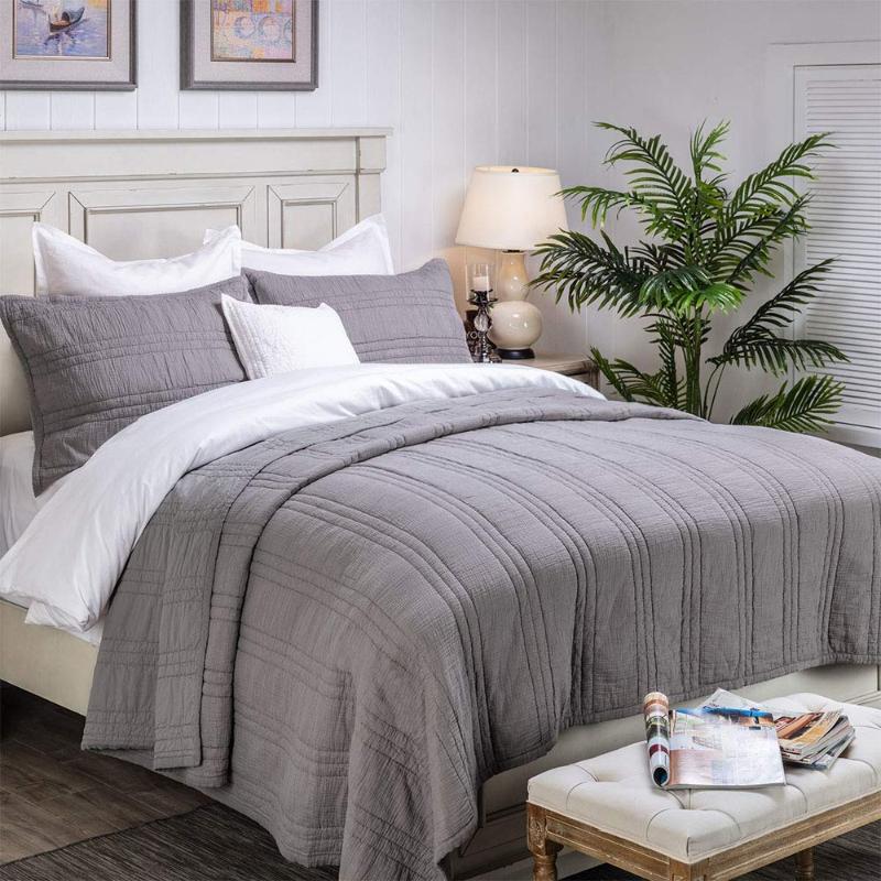 

OMSHOUSE Zen Collection 2 Layers Cotton Crinkle Gauze Stripe Embroidery Bedding Bedspread Quilt sets bed spread, Cream