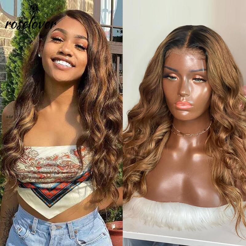 

Roselover Ombre Honey Blonde180% Body Wave Hair 360 Lace Frontal Human Hair Wig Brown Remy Light Brown Color Wigs for Women, 4x4 lace