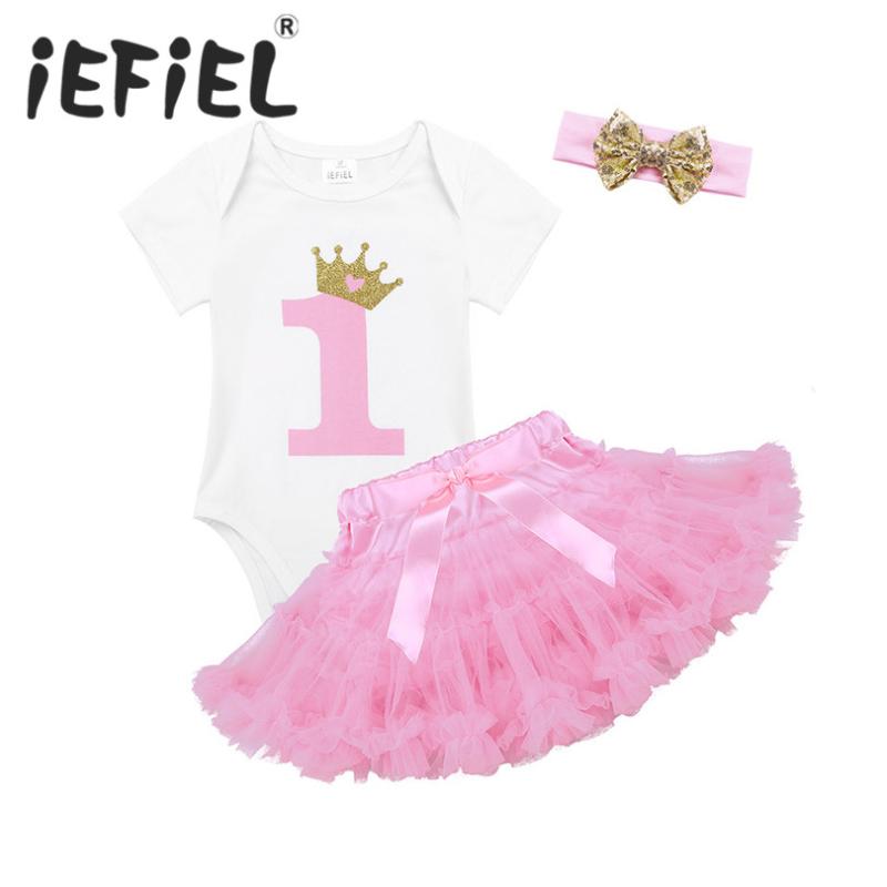 

iEFiEL Baby One Year Birthday Dress Infant Girls Outfit Short Sleeves Glittery Crown First 1st Birthday Romper with Tutu Skirt, As pic