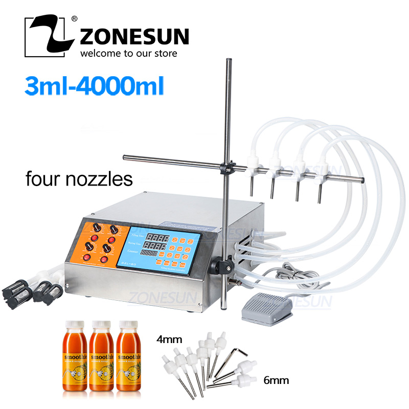 

ZONESUN 4 Head Nozzle Liquid Perfume Water Juice Essential Oil Electric Digital Control Pump Liquid Filling Machine
