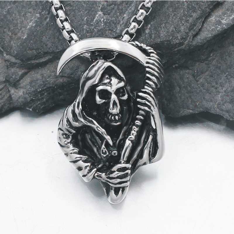 

New Titanium Steel Cross Skull Grim Reaper Scythe Pendant Necklace For Men Personality Hip Hop Punk Trend Party Jewelry Hot Sale