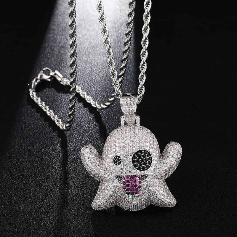 

Iced Out Ghost Pendant Bling Full CZ Stone Funny Necklace For Men Women Fashion Hip Hop Rapper Jewelry