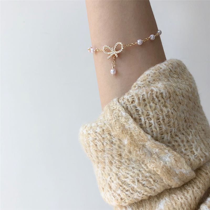 

MuHan Sweet Bowknot Zircon Pearl Bracelet Bangle For Women Girls Adjustable Bracelets Jewelry Female Gifts Classic Link Chain