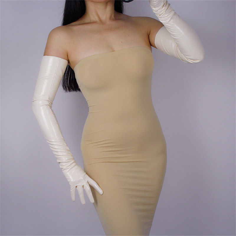 

Woman Gloves Bright Leather Patent Leather PU Gloves Female Dance Party Simulation Beige PU Cosplay P1370-12