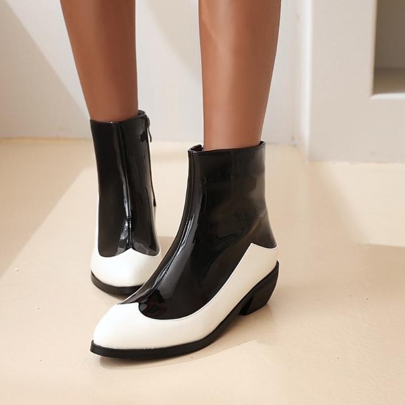 

US4-13 Womens Round Toe PU Leather Ankle Boots Match Colors Chunky Heel Shoes Riding Retro Punk Plus Size 3Colors New, Red