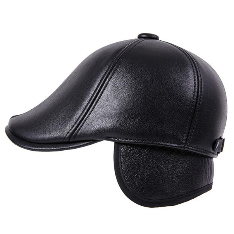 

Winter Earmuffs cap men's cowhide leather berets genuine leather cap new thick velvet warm winter hats for the elderly dad's hat, Color-3