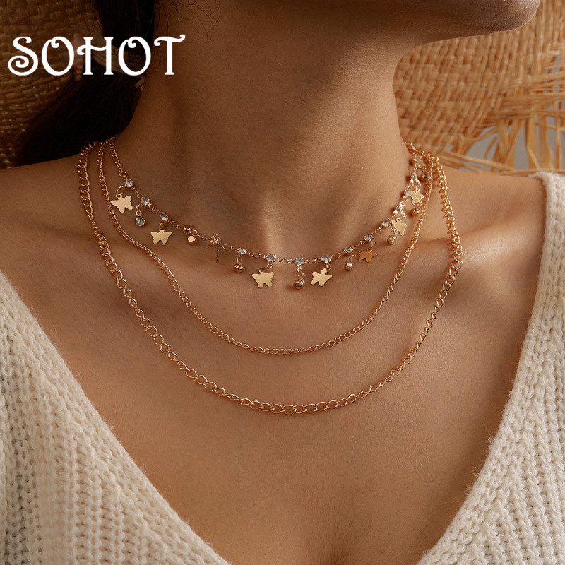

SOHOT Multilayer Tassel Alloy Butterfly Imitation Crystal Pendant Women Choker Necklace Chic Gold Color Alloy Clavicle Chain