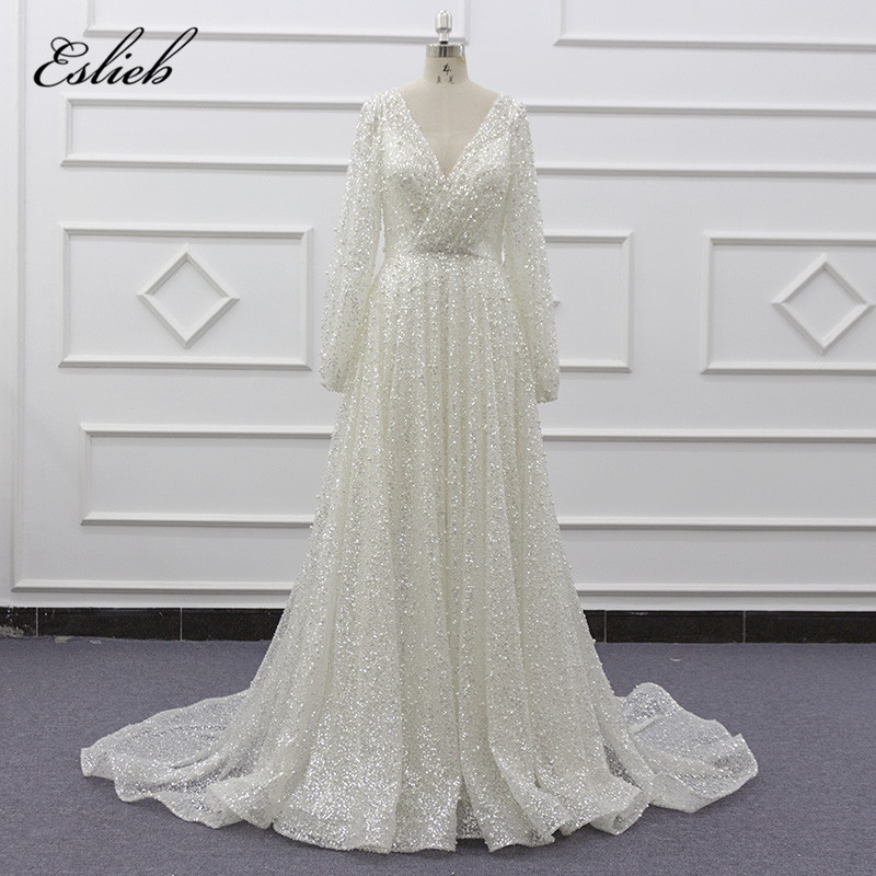 

Eslieb 2020 Designer A line wedding dress amanda novias real work full beading bridal make up, Ivory