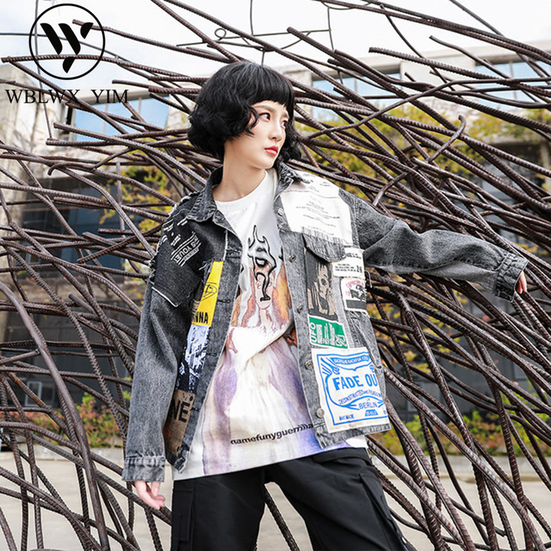 

Jeans Jacket Women Streetwear 2020 Spring Loose Long sleeve Denim Jacket Female Fashion Print Jeans Coat Basic Jackets Outwear, Black