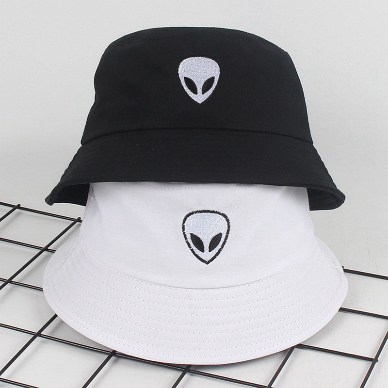 

Black White Solid Alien Bucket Hat Unisex Men Women Summer Panama Cap Beach Sun Fishing Hat, Wt