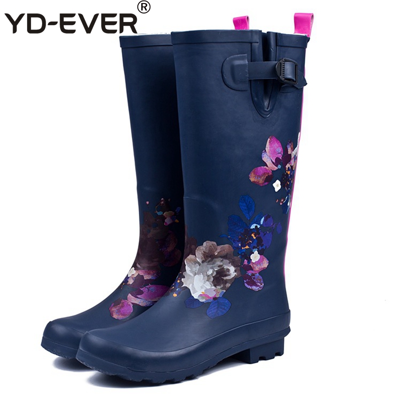 

YD-EVER Women Rain Boots Women Fashion Ladies' High Water Boots Natural Rubber Rain plus size flower waterproof shoes, As pic