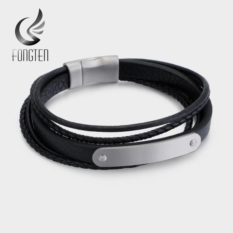

Fongten Vintage Black Leather Bracelet Stainless Steel Punk Man Bracelets Fashion Jewelry
