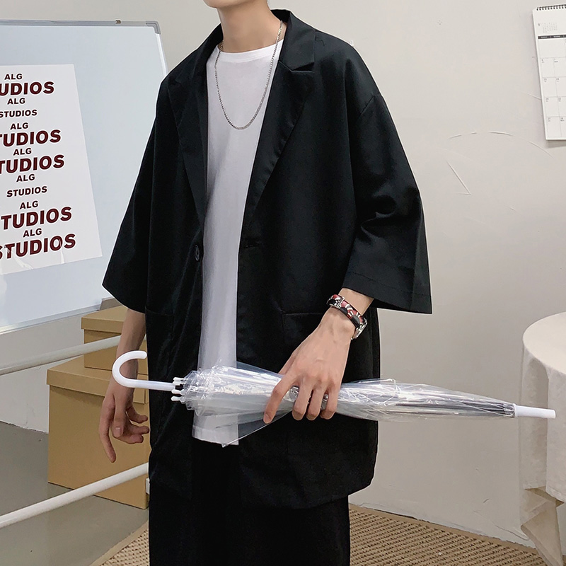 

One Button Summer Half Sleeve Mens Casual Blazer Jacket Japan Streetwear Mens Blazer Suit Oversized Loose Fit Men Clothing XXL, Gray summer blazers
