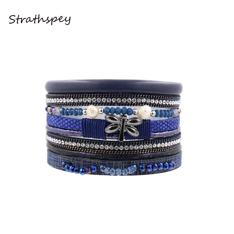 

STRATHSPEY New Rhinestone Wide Magnetic Leather bracelets&bangles Multilayer Buterfly Bracelets Handmade Beads Jewelry For Women