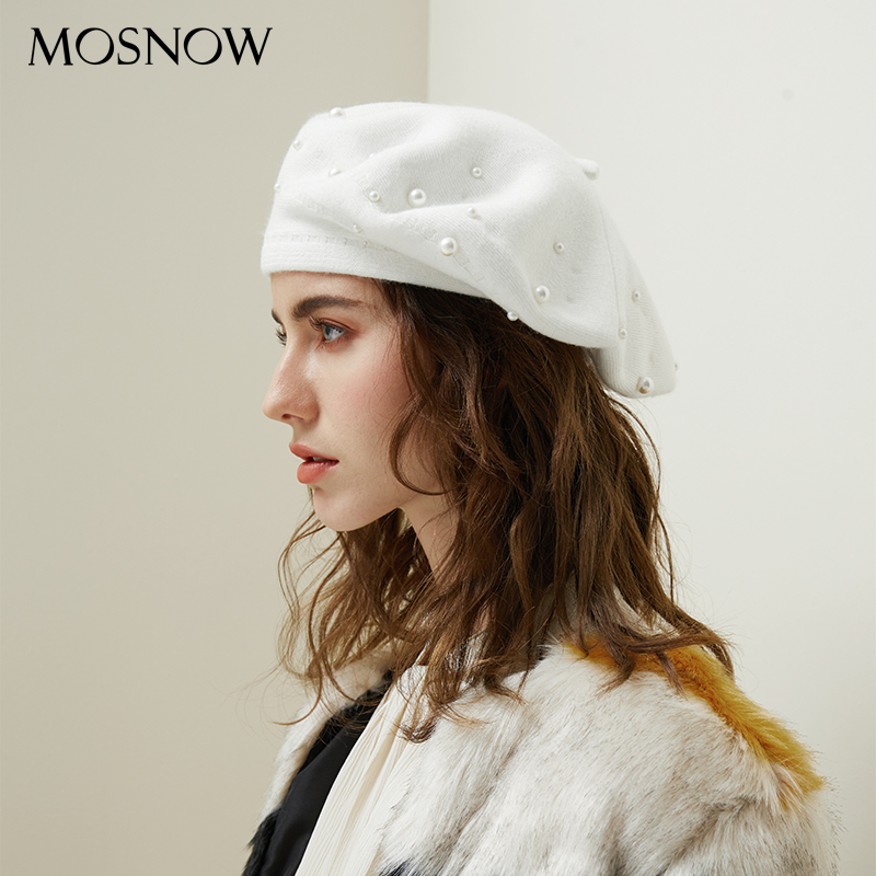 

2020 New Women Beret Hats Girl Beret With Pearl Accessory Fur Female Beanie Hats Fashion Lady Winter Caps Warm Cap Hat, White