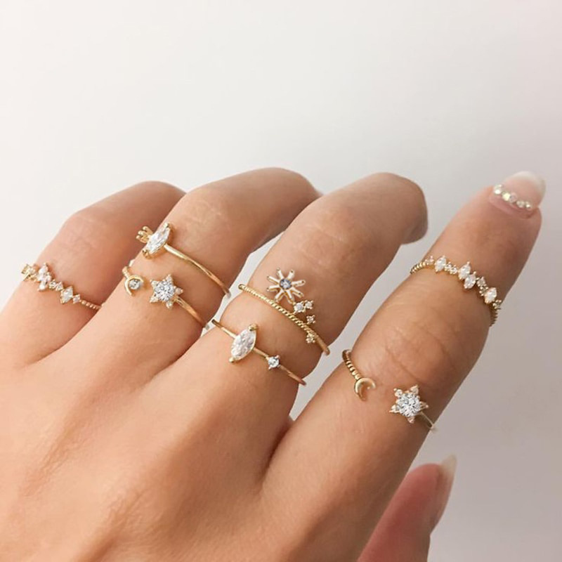 

Bohemian Geometric Rings Sets Clear Crystal Stone Gold Chain Opening Rings for Women Jewelry Accessories 2020 New Ring set