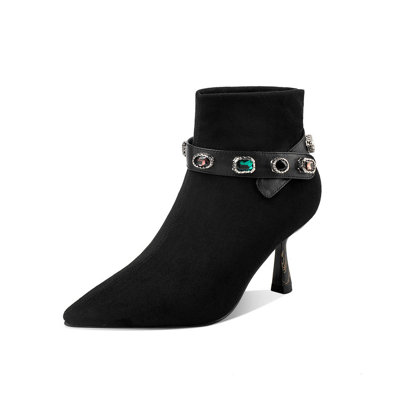 

Suede Leather Bowties Ankle Boots Sexy Pointed Toe Thin High Heels Night Club Dress Shoes Black Gray Woman Ankle Boots