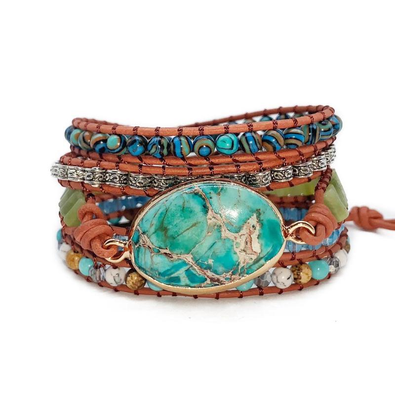 

Bohemia Style Natural Stones Handmade Leather Wrap Bracelet for Women Fashion Accessory Multi-layer Beaded Bracelet Jewelry Gift