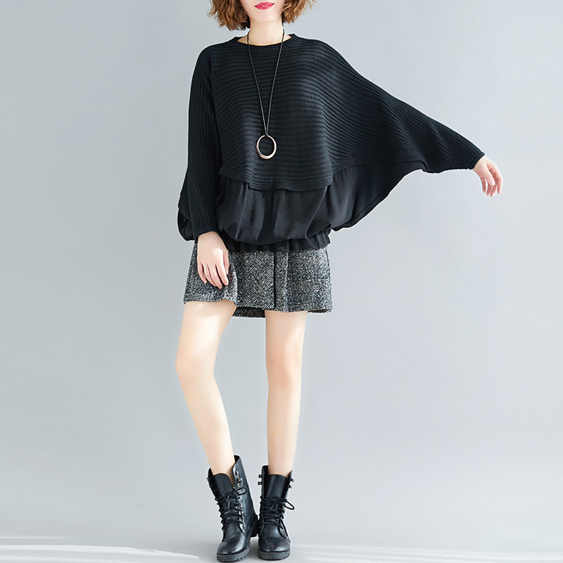 

Plus Size Loose Stitching Knitting Sweater Women Pullover Bat Shirt Top 2020 Autumn Winter Vintage Long Sleeve Stitching Sweater, Black