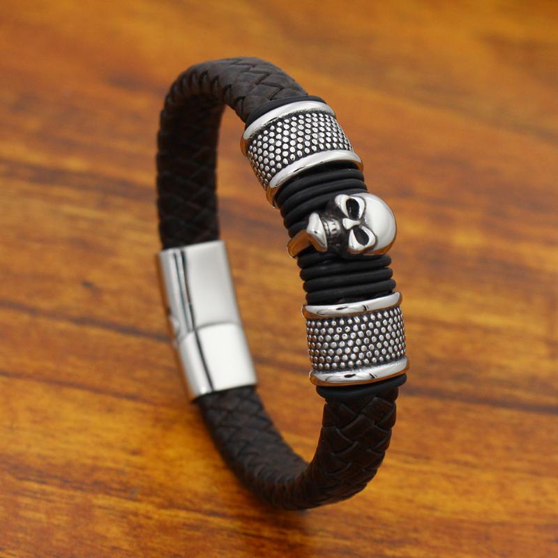 

12MM Wide Braided Retro Genuine Leather Bracelet For Men Stainless steel Skull Bead Bracelets with Magnet Clasp