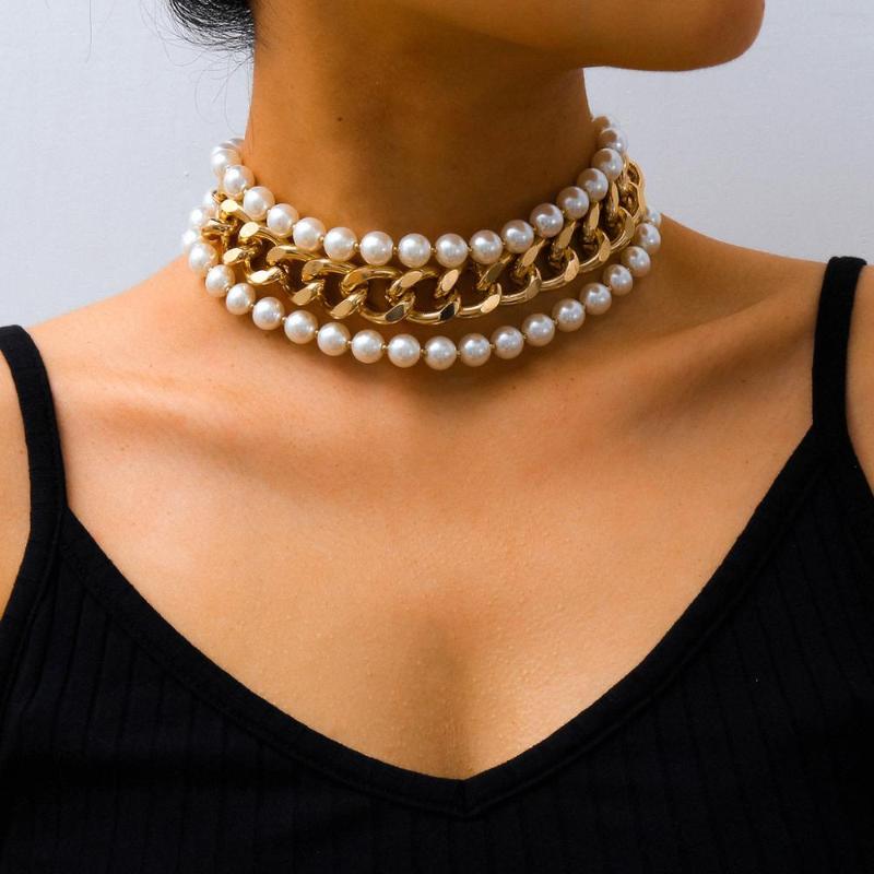 

Multi Layer Retro Imitation Pearls Link Chain Curb Cuban Miami Chunky Neck Collar Jewelry Charm Female Dinner Party Necklace