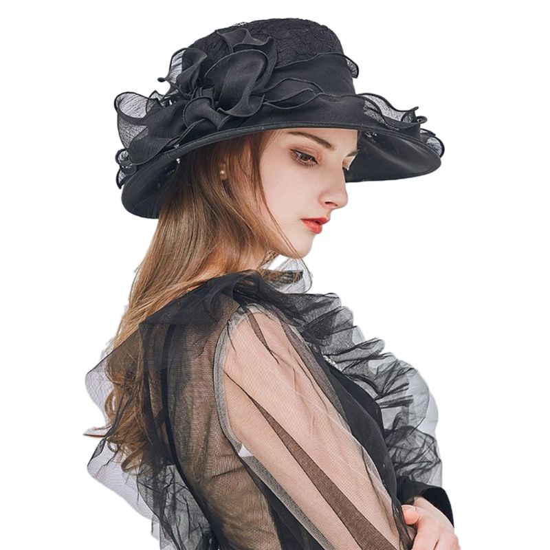 

Womens Sun Hat Wide Brim Floral Lace Party Fascinator Detachable Flower Ruffles Adjustable Beach Cap, Lgy