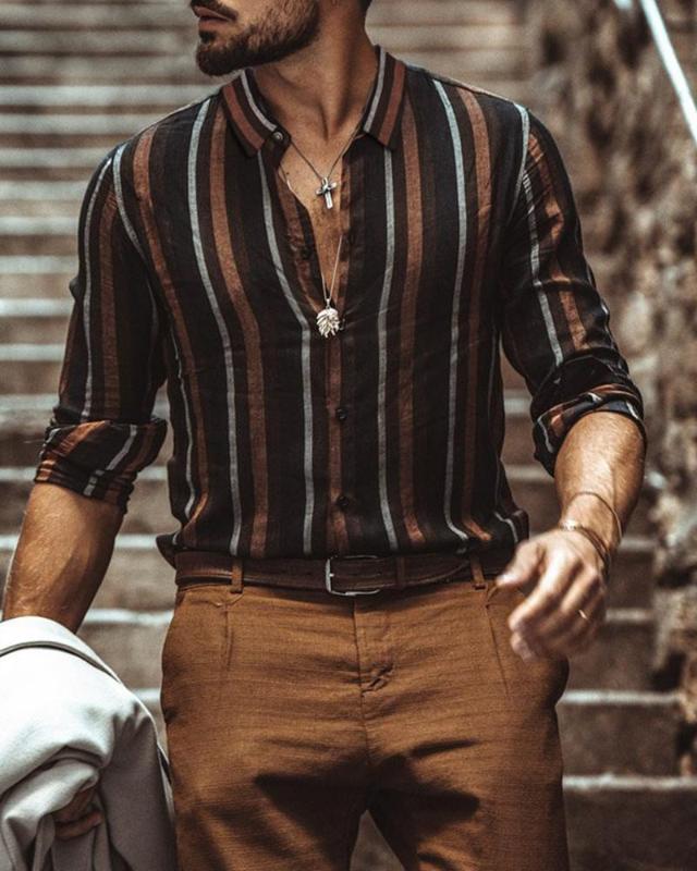 

Colorblock Striped Men Shirts 2020 New Autumn Winter Brand High Cotton Streetwear Casual Colorful Cosy Shirt Men Slim Camisas, Brown