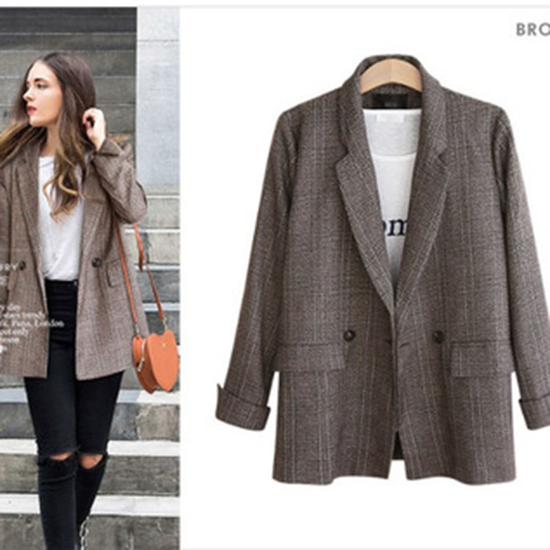 

Autumn Blazer Women 2020 New Plaid Korean Jackets Long Sleeve Notched Vintage Casual Fashion Office Coats Plus Size 4XL 5XL, Grey