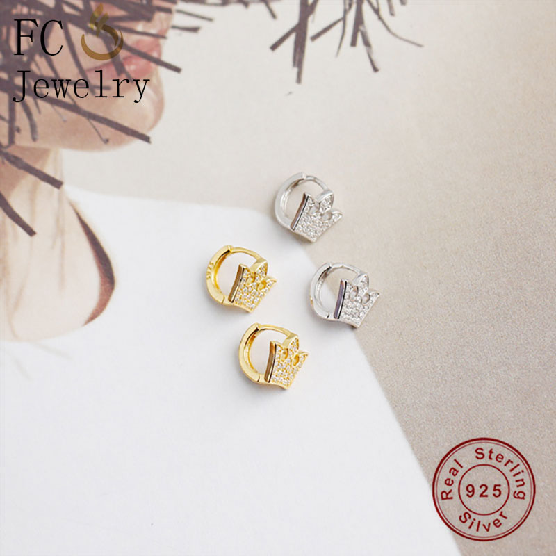 

FC Jewelry Real 925 Silver Simple Unusual Gold Color Princess Crown Pendant Zirconia Hoop Earring For Women Ear Pierces 2020 NEW