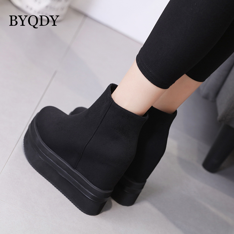 

BYQDY Height Increasing Woman Ankle Boots Thick Heels Winter Suede Round Toe Platform Shoes High Heels Black Zipper Female Boots, Black shoes