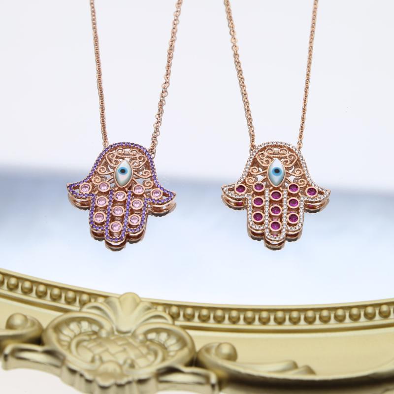 

Fashion Lucky Turkish evil eye Fatima's hand jewelry Rose gold color red purple cz women necklace fashion