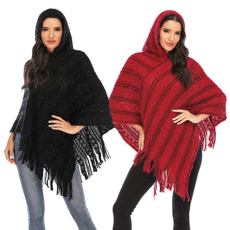 

Shawl with Hooded Scarf Women's Winter High-Neck Capes Knit Tassel Fringed Shawls Wrap Coats Tops Warm Fashion Cape Cloak Womens